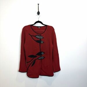 Jaskar Size XL Artsy Cardigan Sweater‎ Jacket Red Leaves Heavyweight